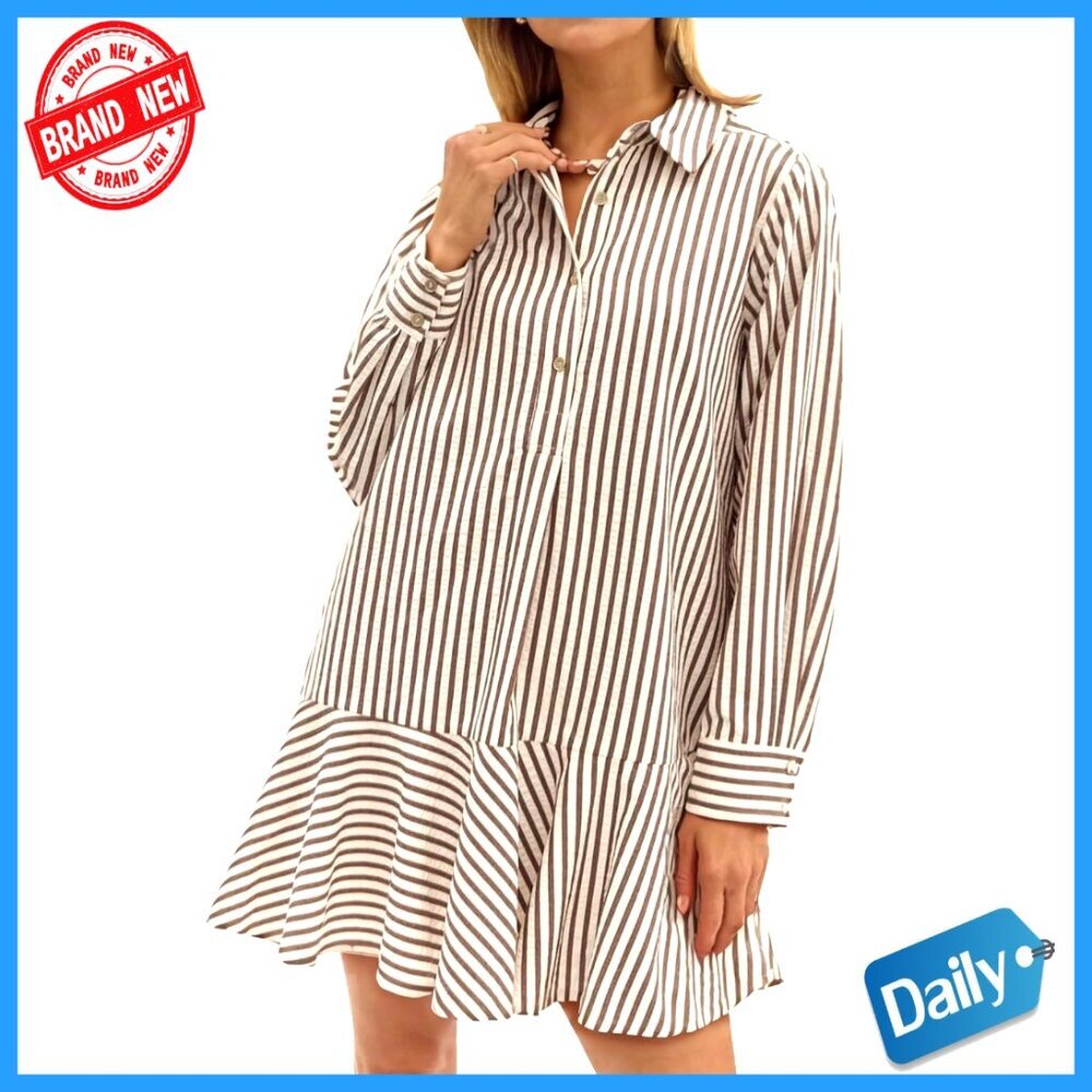 Striped Collared Mini Dress Long Sleeve Ruffle Hem Button Up Swing Tunic